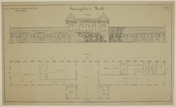 217590 Opstand van de voorgevel en plattegrond van de begane grond van het stationsgebouw van de H.IJ.S.M. te Utrecht ...